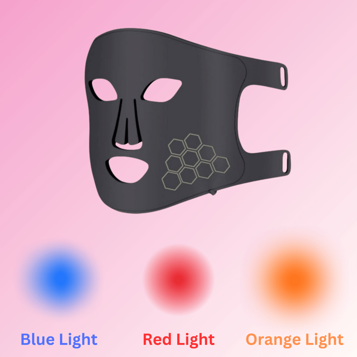 Showing the different LED light settings of the Infrared LED therapy mask, blue light, redlight and orange light