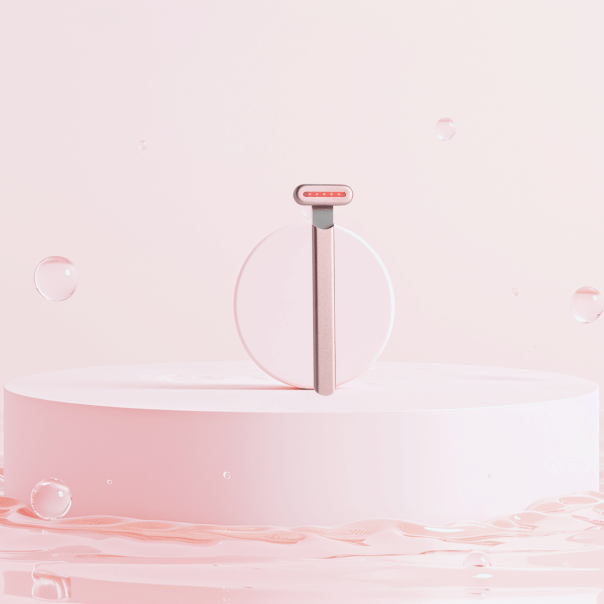 LED redlight therapy wand on pink podium that is suspended in water