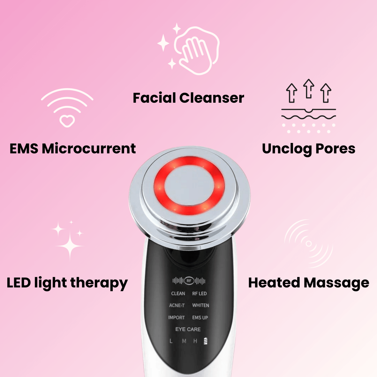 Tri-light LED therapy facial device benefits including heated massage, unclogging pores, cleansing and EMS microcurrent